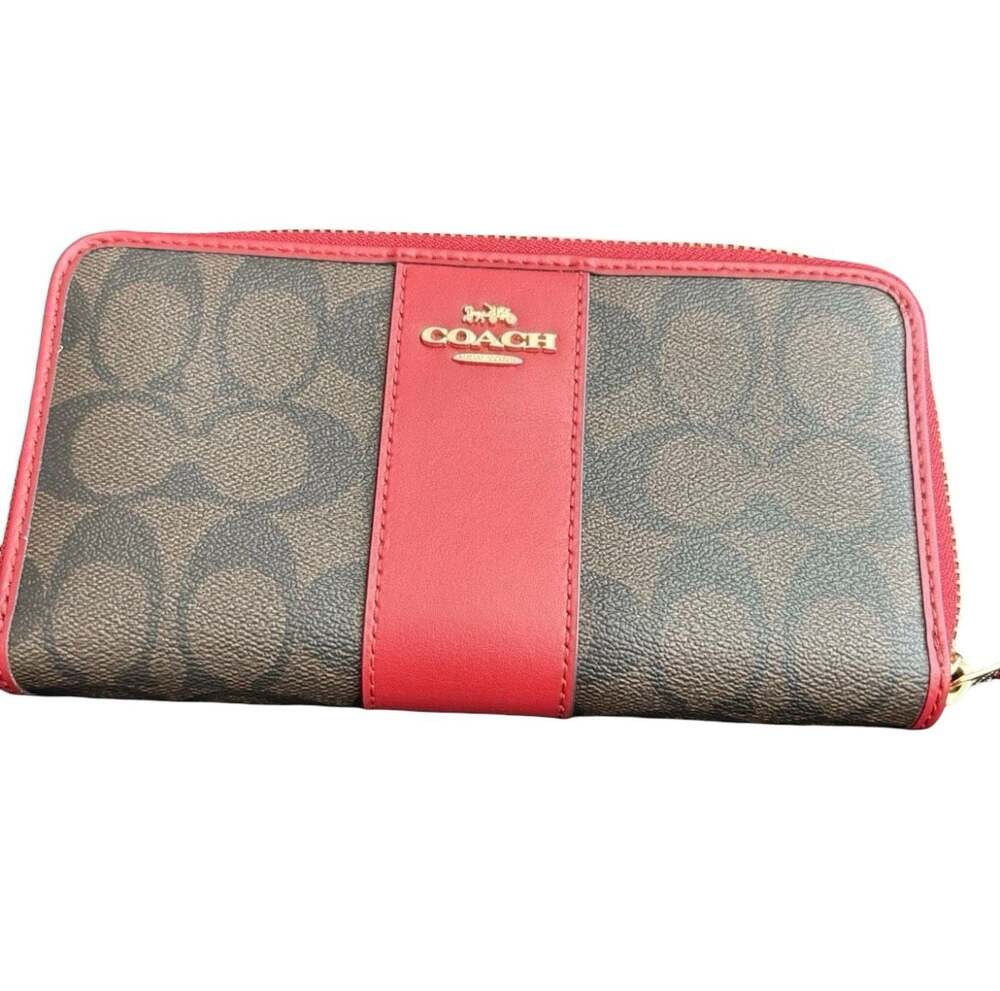 Coach Accordion Zip Around Wallet in Signature Canvas with Red Leather Stripe